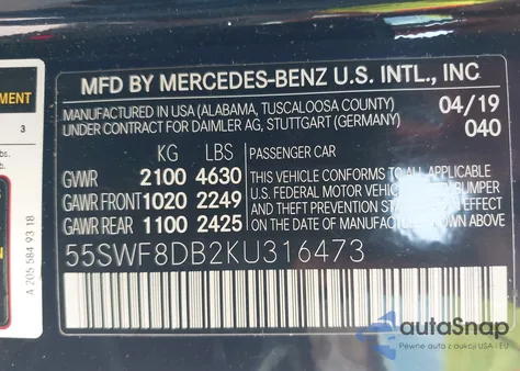 2019 Mercedes-Benz C 300 из США, поврежденный, VIN 55SWF8DB2KU316473